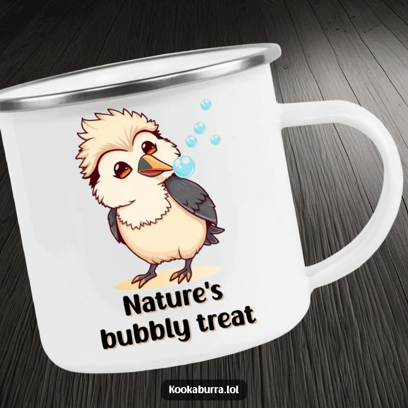 Funny kawaii kookaburra camping mug with an amused bird blowing a stream of bubbles, durable for outdoor use and humorous enjoyment.