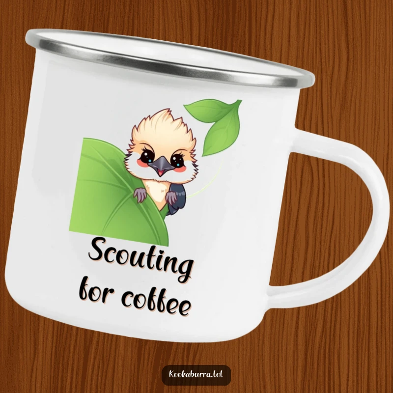 Funny Kawaii Kookaburra camping mug, a cute bird peeking from behind a leaf, bringing playful charm to outdoor moments. A great funny gift.