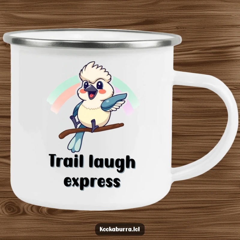 Funny camping mug with a kookaburra sliding down a rainbow with a cheerful grin, perfect for outdoor fun.