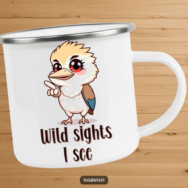 Funny camping mug featuring a kookaburra with wide eyes, pointing off-screen, perfect for curious outdoor sips.