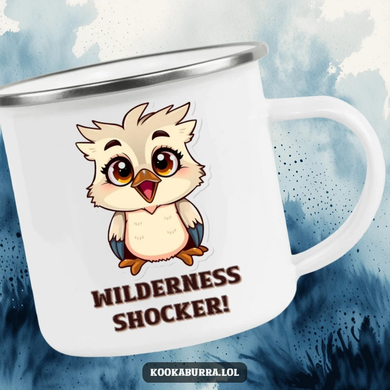 Funny kookaburra camping mug showing a bird with big, wide eyes and a shocked expression, perfect for outdoor enthusiasts.