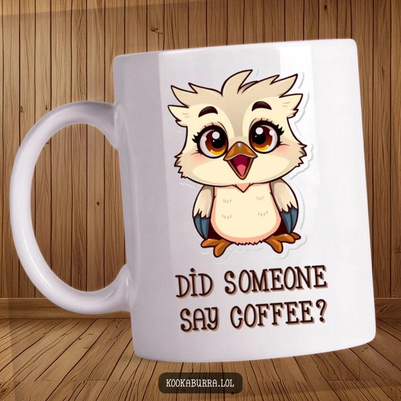 Funny kookaburra mug featuring a bird with big, wide, surprised eyes and an open beak, capturing a moment of utter astonishment.