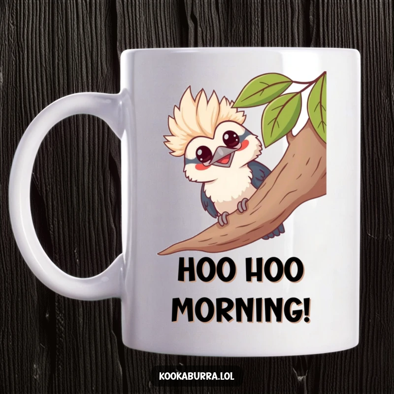 Funny kawaii kookaburra peeking from behind a leafy branch, grinning mischievously, cute bird illustration coffee mug.