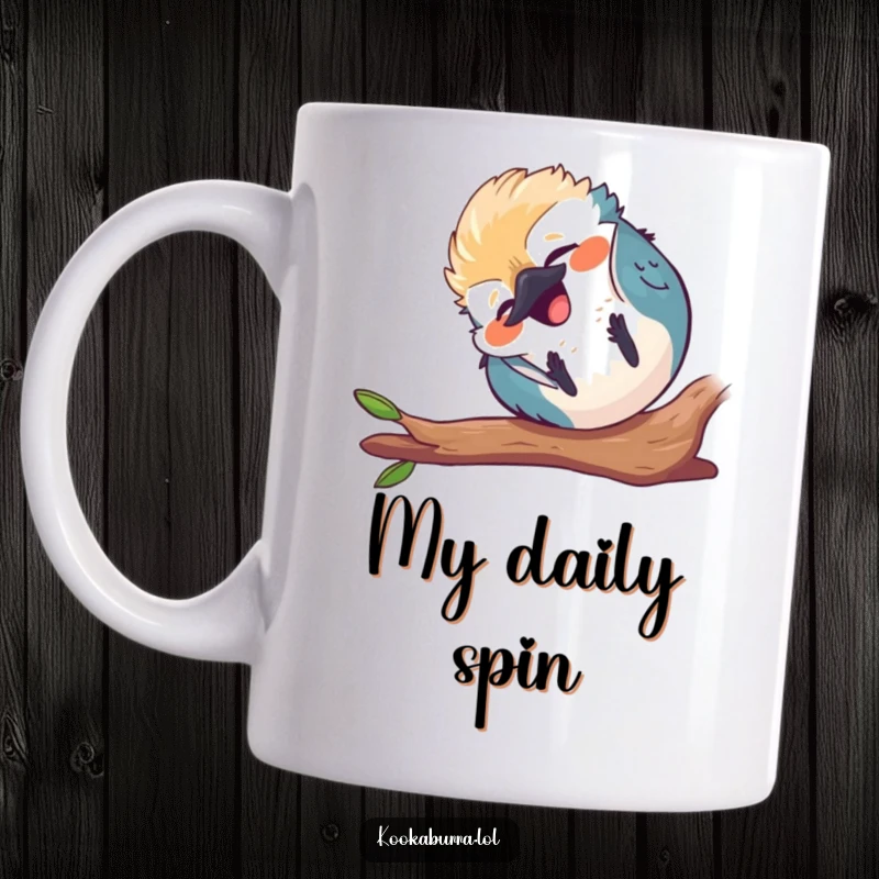 Funny small round kawaii kookaburra tumbling end over end, laughing heartily, cute bird illustration coffee mug.