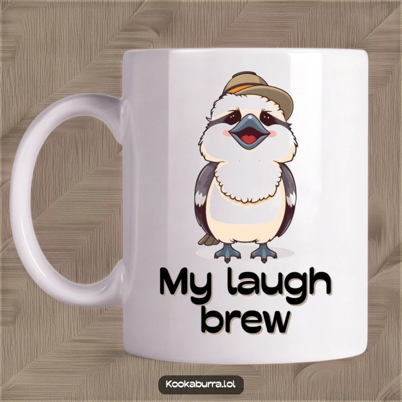 Funny mug featuring a cute kookaburra wearing a tiny hat, caught in a hearty, infectious laugh.