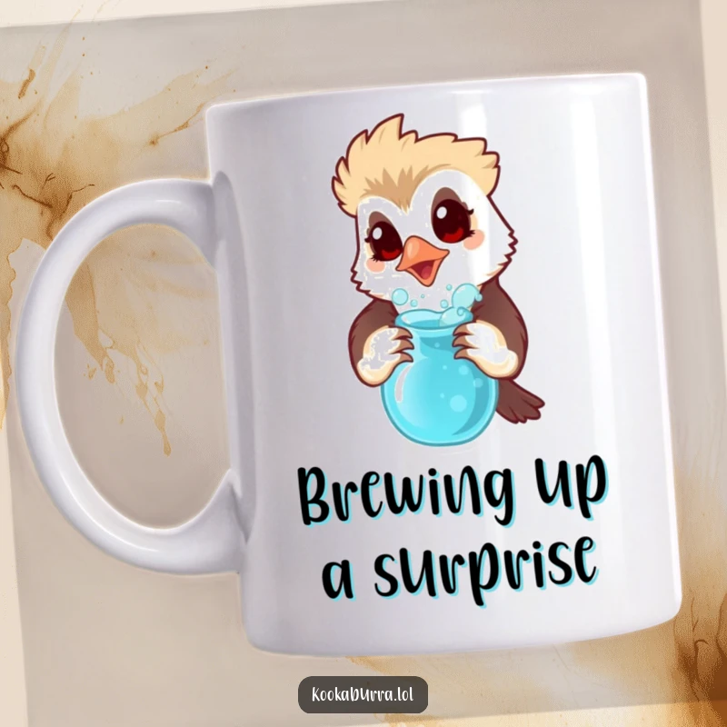 Funny mug showing a kookaburra with wide, surprised eyes holding a bubbling, mysterious potion, capturing a moment of alchemical oops.