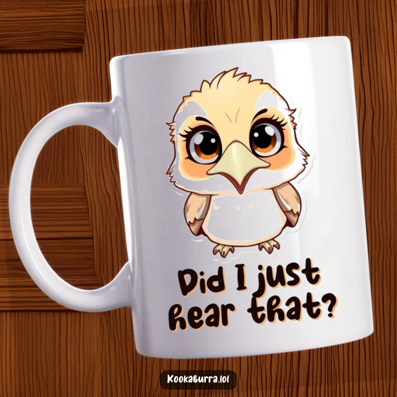 Funny surprised kookaburra mug with wide eyes and a tiny dropped jaw, captured mid-squawk. Perfect for bird watchers and meme lovers.