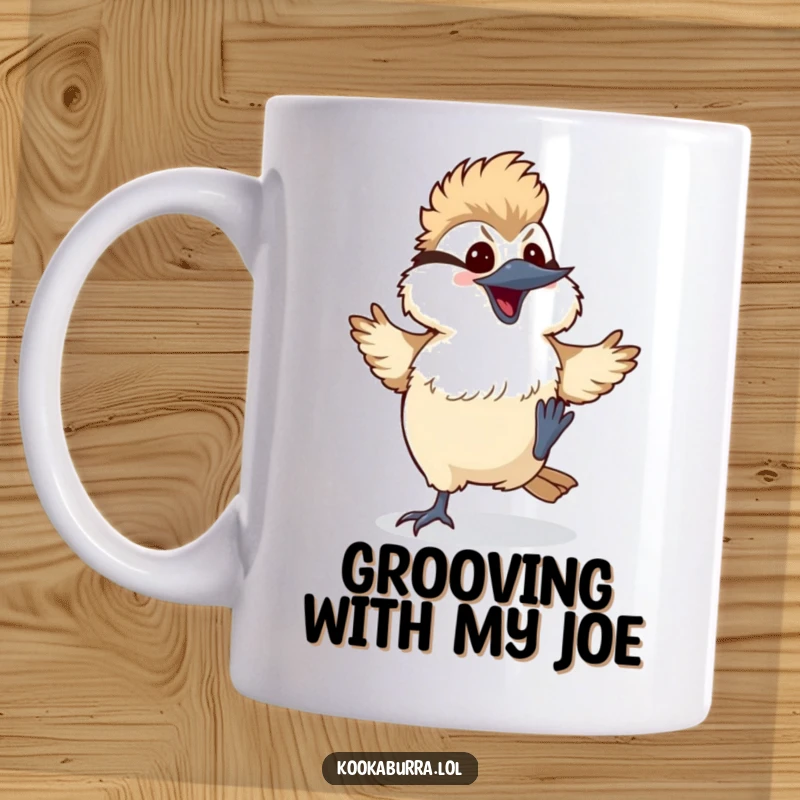 Funny kawaii kookaburra mug showing a bird doing a silly dance with its feet kicking up, capturing a moment of pure joy and movement.
