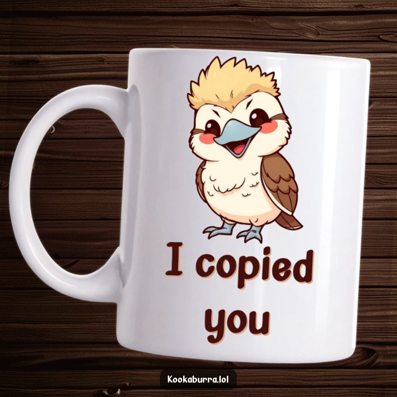 Funny kawaii kookaburra playfully mimicking with an exaggerated smile, cute bird illustration coffee mug, copycat humor.