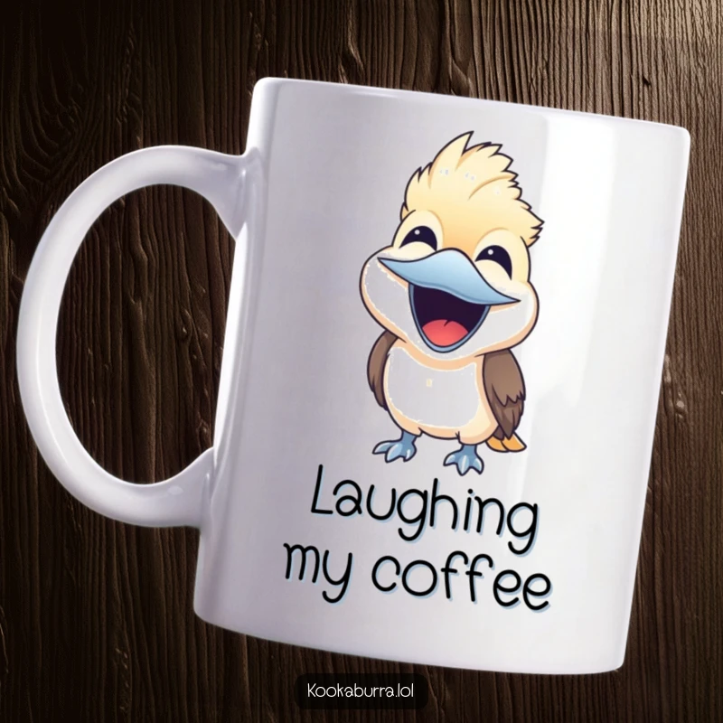 Cute kookaburra bird laughing heartily with its beak wide open in pure joy, cheerful and comical, mug gift.