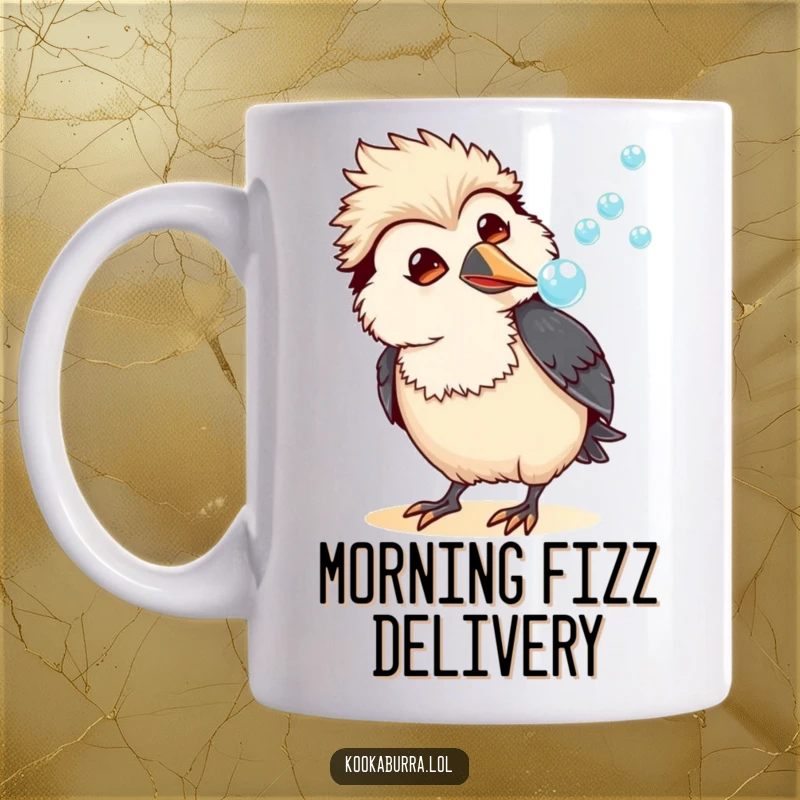 Funny kawaii kookaburra mug featuring an amused bird blowing a stream of bubbles, exuding playful charm and lighthearted fun.