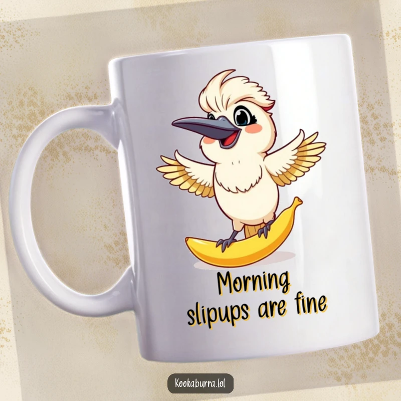 Funny Kookaburra Mug: Surprised kookaburra with arms out, catching a giant banana peel, perfect for comedy lovers.