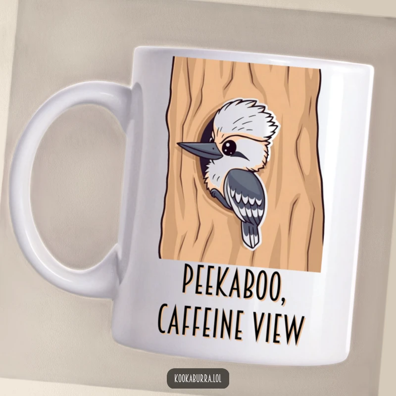 Funny kookaburra mug, a cheeky bird peeking from behind a tree, full of playful mischief and surprise.
