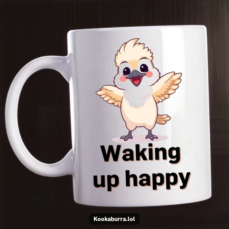 Funny kawaii kookaburra mug featuring a happy bird doing a lively dance with spread wings, radiating pure joy and humorous energy.
