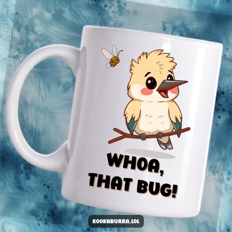 Funny kookaburra making a surprised face as a bug flies past, startled and humorous on a mug.