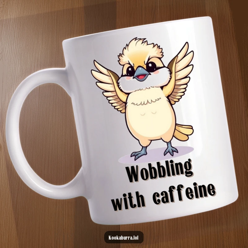 Funny Kawaii Kookaburra mug, a cute bird doing a happy dance with wings spread, full of joy and energy. Ideal for dance lovers and funny gifts.