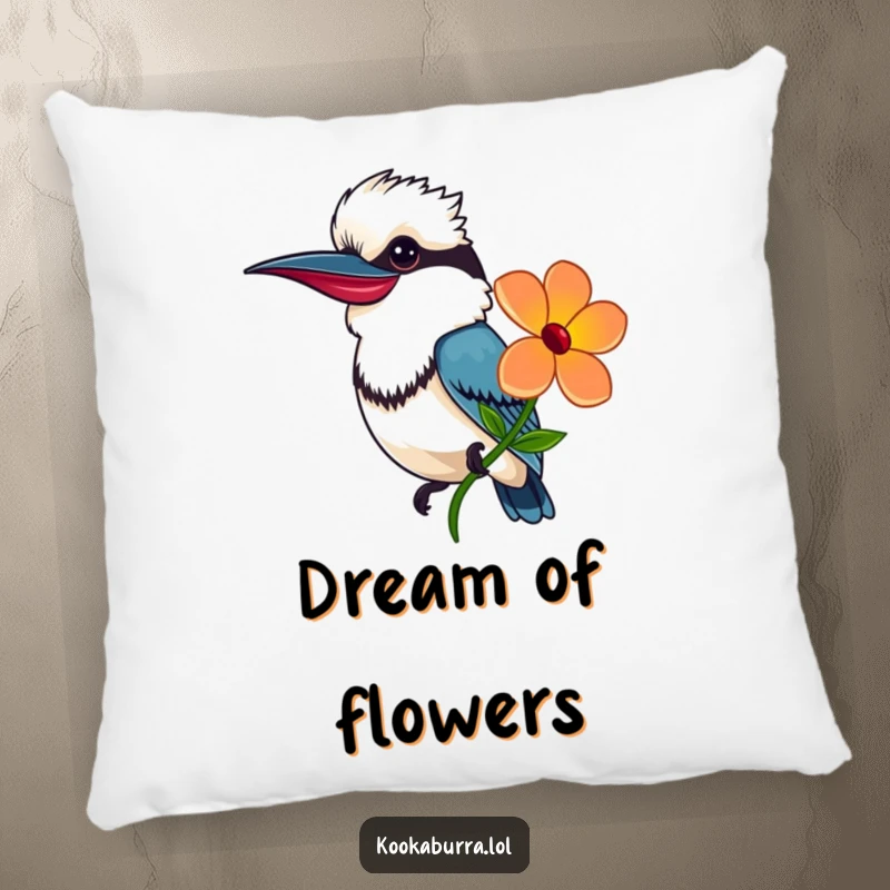 Funny Pillow with a smiling kookaburra offering a bright flower, symbolizing kindness and providing cozy comfort.