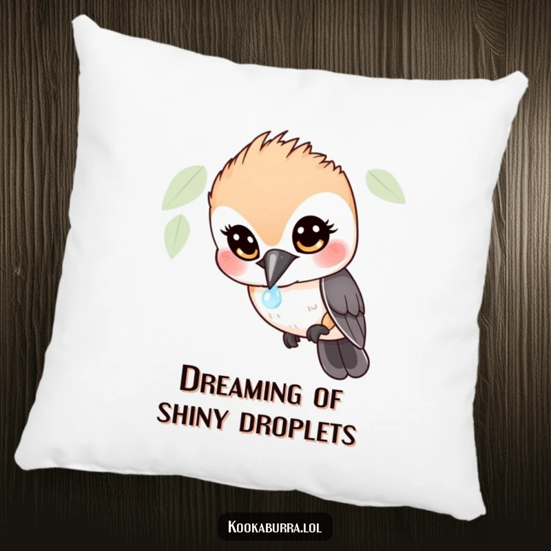 Funny Kookaburra Pillow: A plush cushion displaying a wide-eyed bird in humorous, astonished focus on a tiny, sparkling dewdrop.