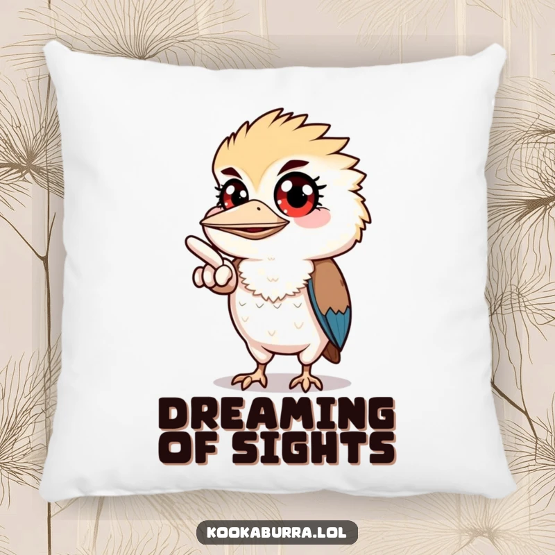 Funny pillow featuring a kookaburra with wide eyes, pointing off-screen, adding a touch of playful intrigue to comfort.