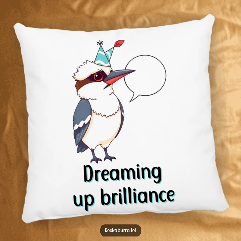 Funny Kookaburra Pillow: Cute bird with party hat and quill, aiming at a blank speech bubble, adding laughter to your space.