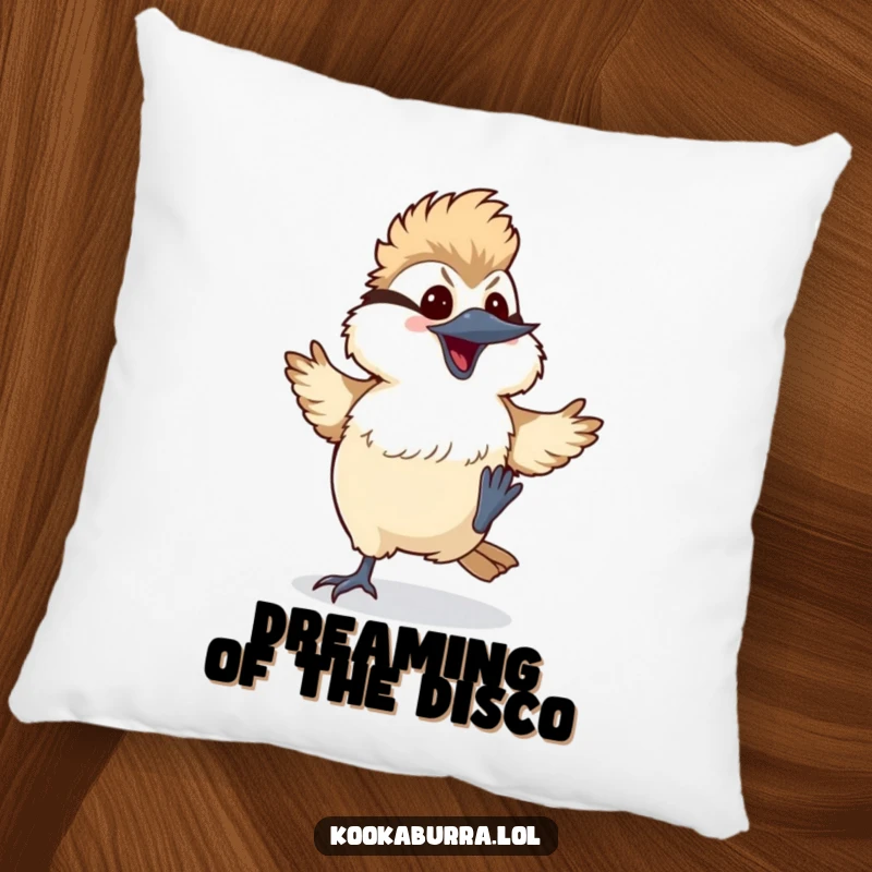 Funny kawaii kookaburra pillow featuring a bird doing a silly dance with its feet kicking up, a cute and humorous accent pillow.