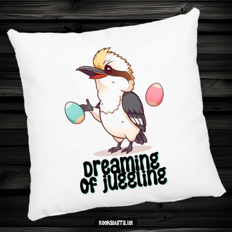 Funny pillow featuring a kawaii kookaburra hilariously juggling wobbly eggs, ideal for a touch of comedic comfort.