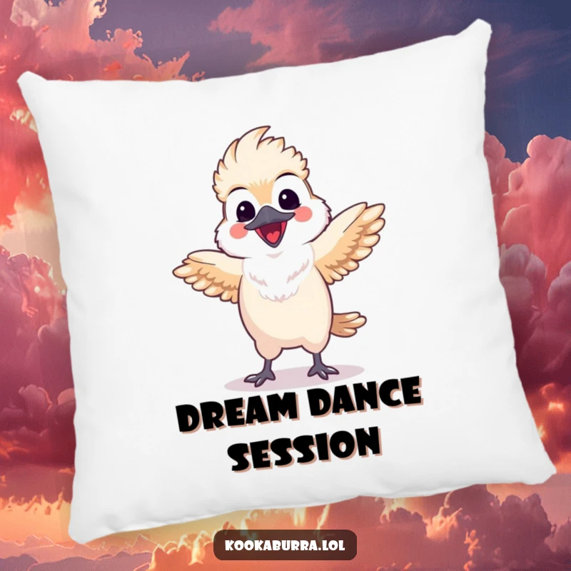 Funny kawaii kookaburra pillow with a happy bird doing a lively dance with spread wings, adding comfort and humorous charm.