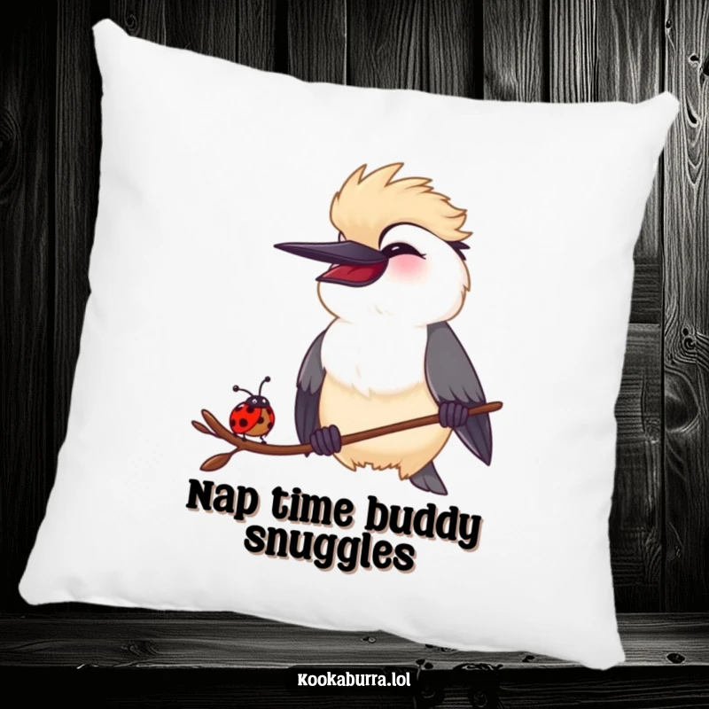 Funny Kookaburra and Ladybug Pillow: A plush cushion showing a kookaburra and a ladybug in the midst of a shared, hilarious laugh.