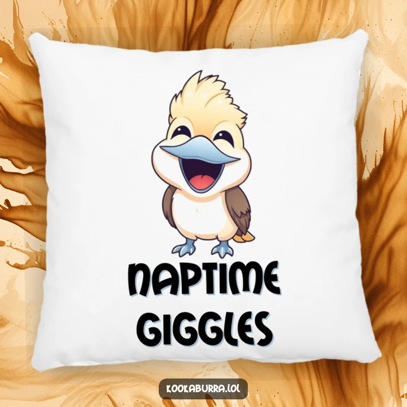 Cute kookaburra bird laughing joyfully with beak wide open on a soft pillow, cheerful and funny cushion gift.