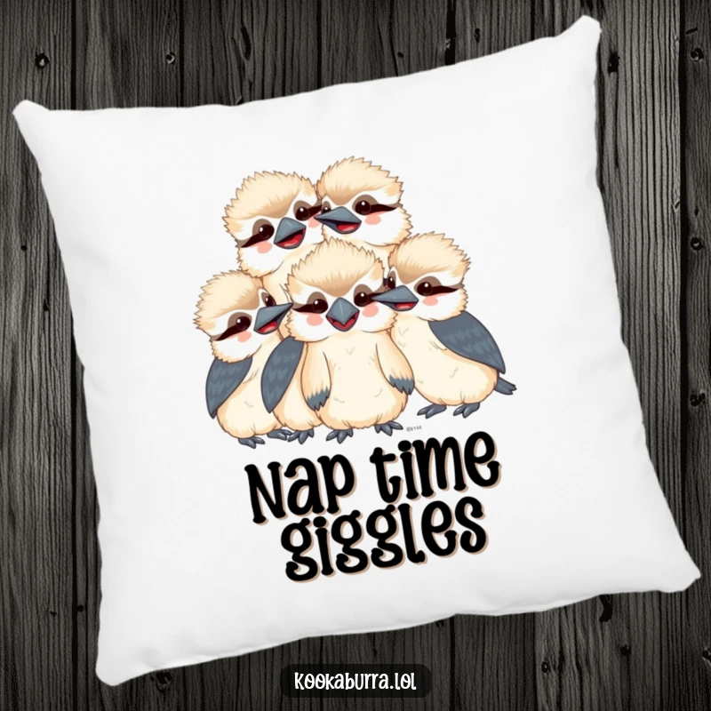 Funny kawaii kookaburra pillow with a group of smiling, giggling birds huddled together, adding comfort and humorous charm.