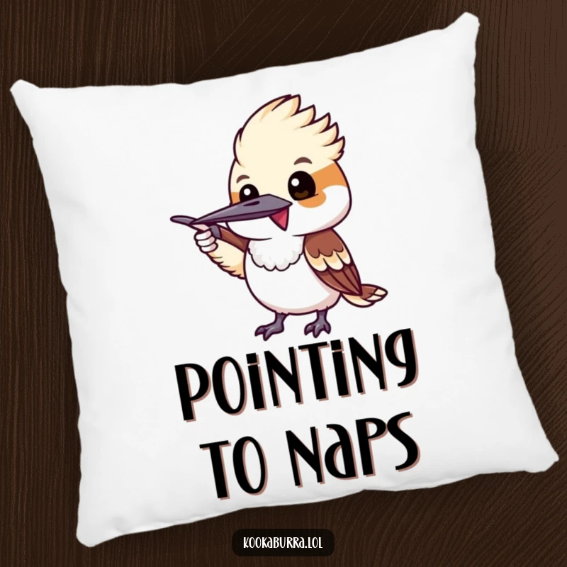 Funny kookaburra excitedly pointing with its wing, a soft and humorous accent pillow.