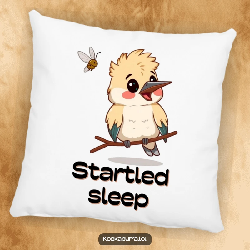 Funny kookaburra making a surprised face as a bug flies past, a soft and humorous accent pillow.