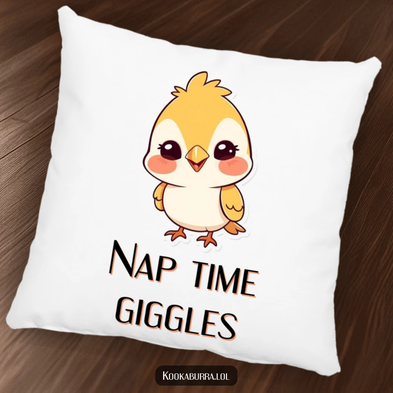 Funny pillow featuring a cute bird with a wide, silly grin, offering comfort and a touch of humorous charm to any room.