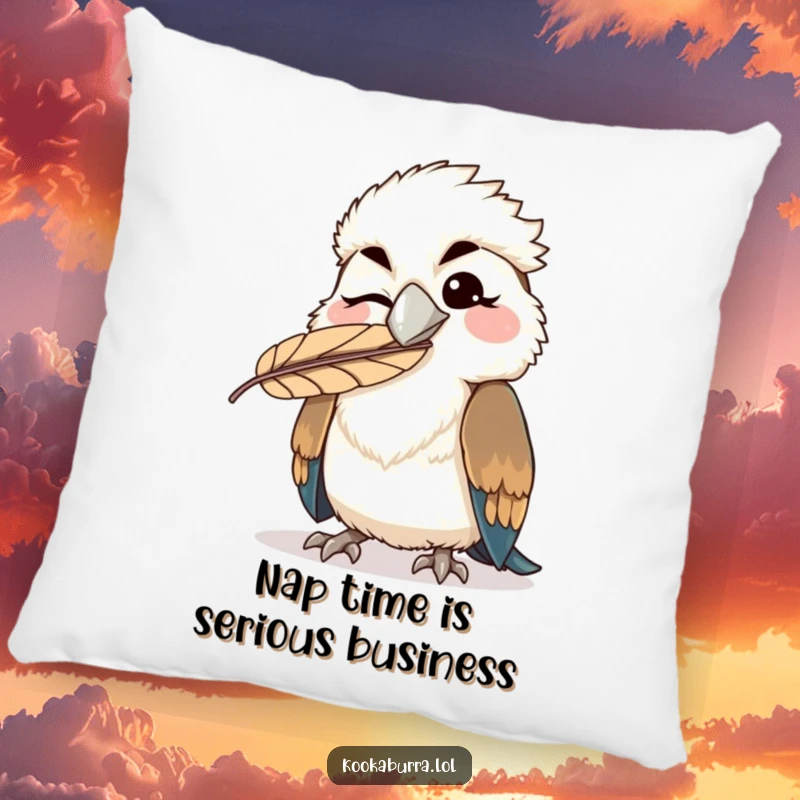 Funny kawaii kookaburra pillow featuring a winking bird with a feather comically stuck on its beak, a cute and humorous accent pillow.