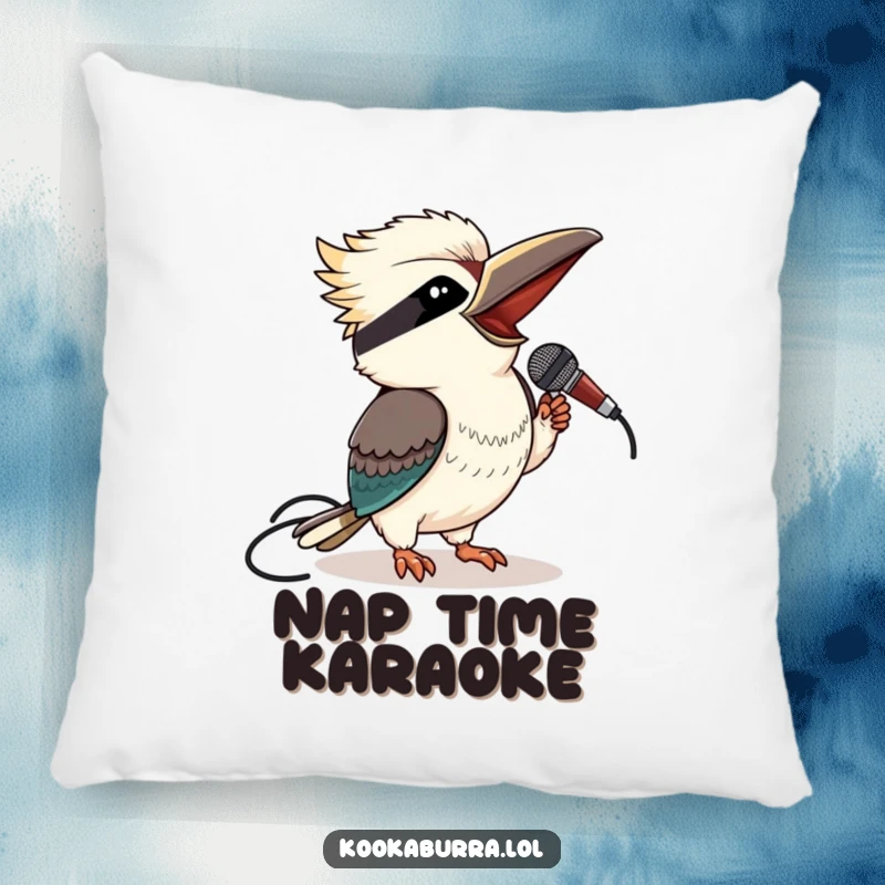 Funny kookaburra pillow featuring a winking bird holding a microphone, soft and decorative.