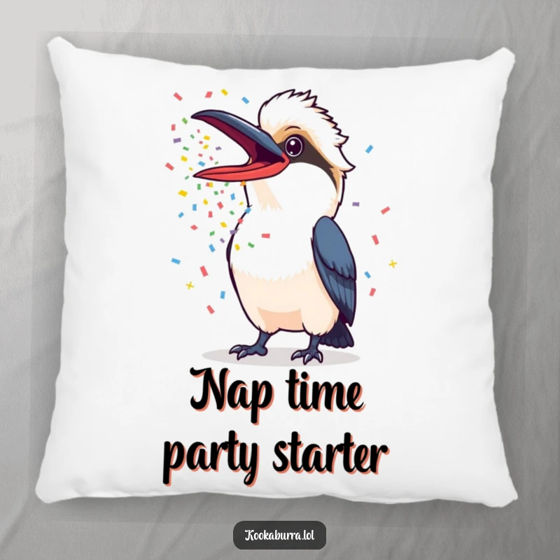 Funny Kookaburra Pillow depicting a kookaburra with its beak wide open, spewing colorful confetti, offering comfort and festive vibes.