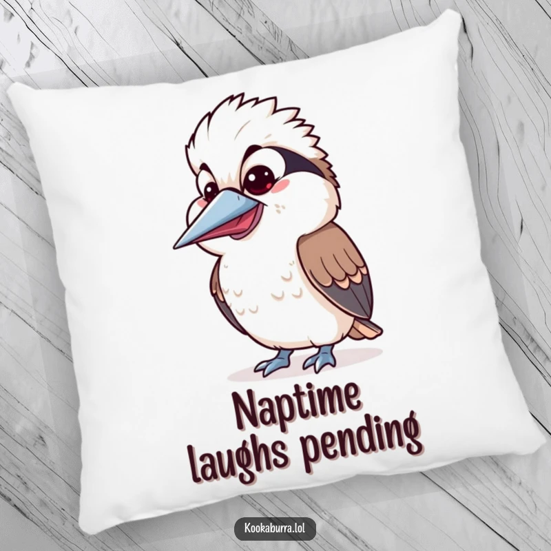 Funny Kawaii Kookaburra pillow featuring a cute bird with a silly, wide-open beak expression, ready to share laughter. A plush funny gift.