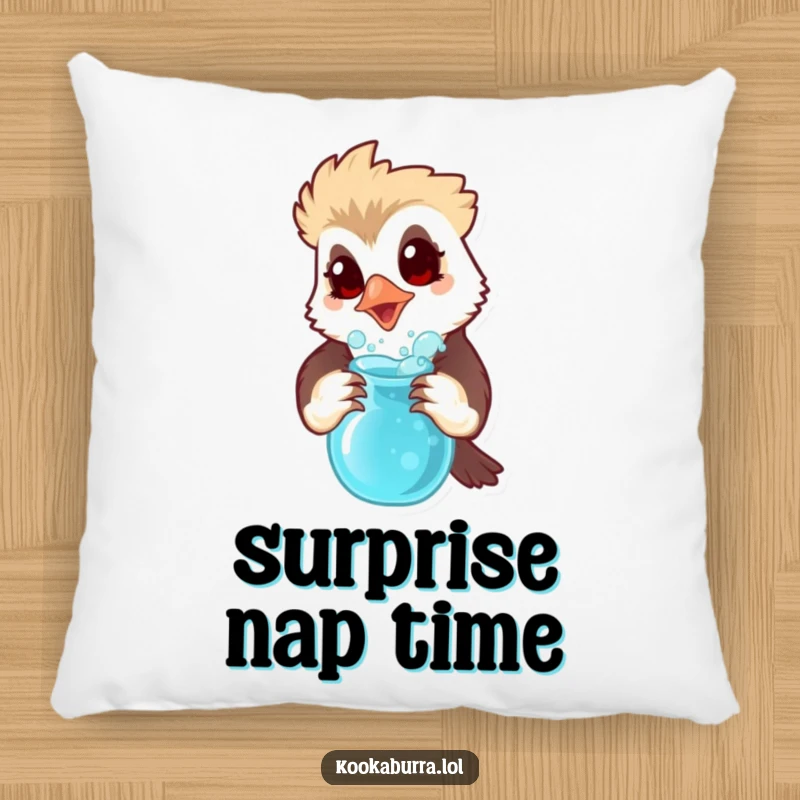 Funny pillow featuring a kookaburra with a surprised expression holding a bubbling potion, adding curious comfort.