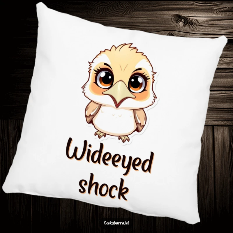 Funny surprised kookaburra pillow showing a shocked bird with wide eyes and a tiny open mouth, adding comfort and comedy.