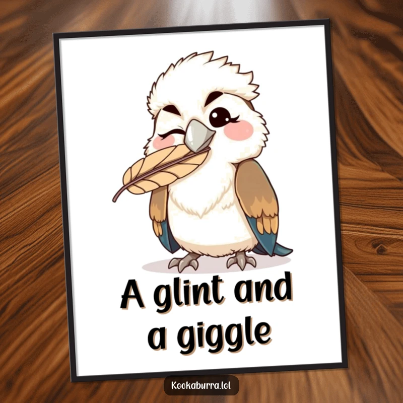 Funny kawaii kookaburra digital art print of a bird winking with a feather humorously stuck on its beak, great for instant, humorous display.