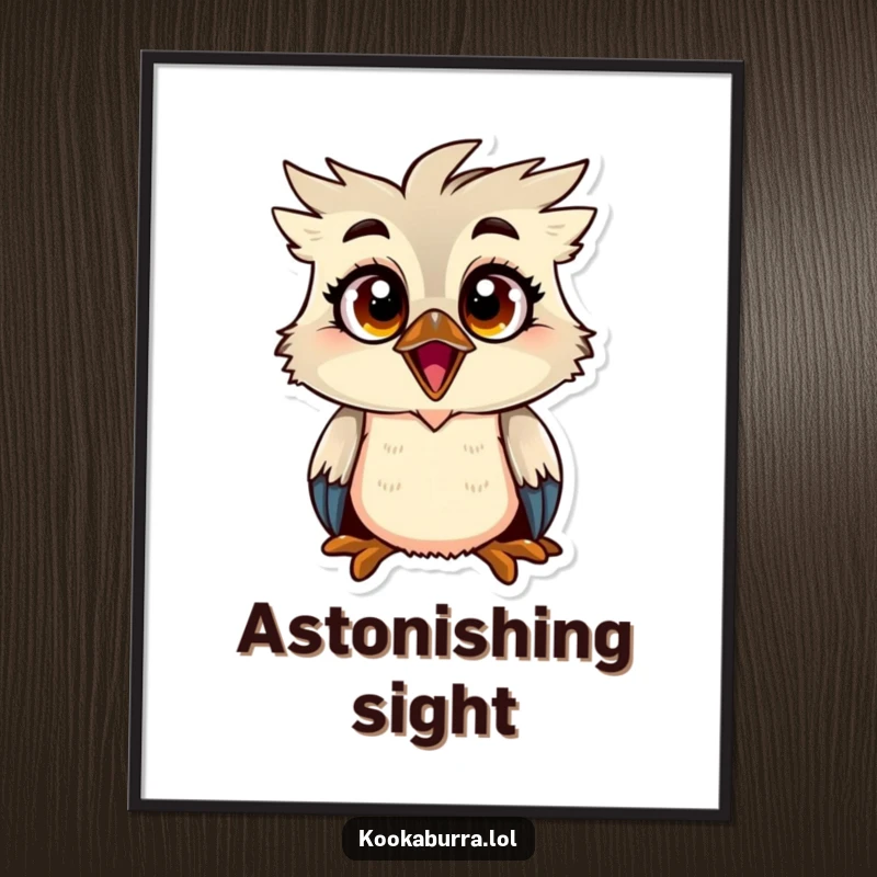 Funny kookaburra digital art print of a bird with exaggeratedly big, wide eyes and a shocked expression, perfect for humorous decor.