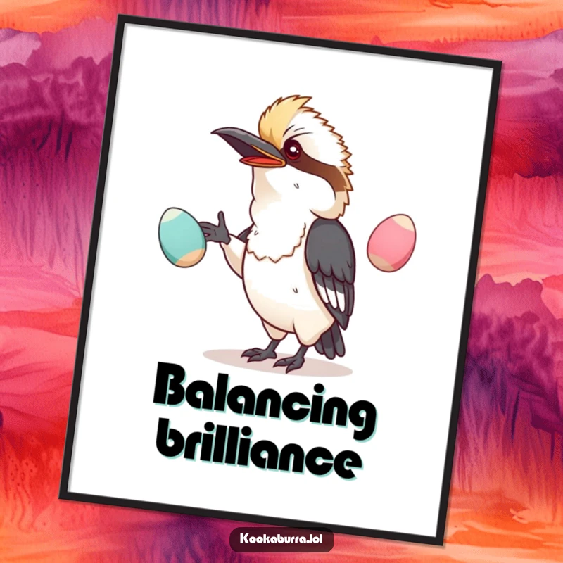 Funny digital art print of a kawaii kookaburra hilariously juggling oversized, wobbly eggs, for immediate comic relief.