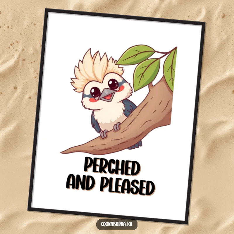 Funny kawaii kookaburra grinning, peeking from leaves, cute bird digital art, humorous and playful wall decor.
