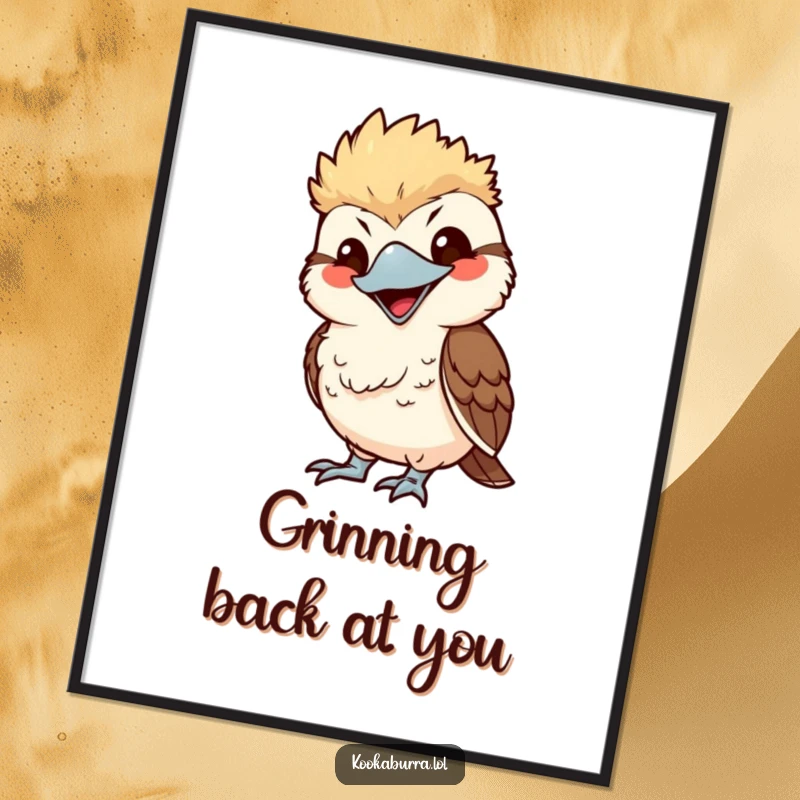 Funny kawaii kookaburra mimicking with exaggerated smile, cute bird digital art, humorous and playful wall decor.