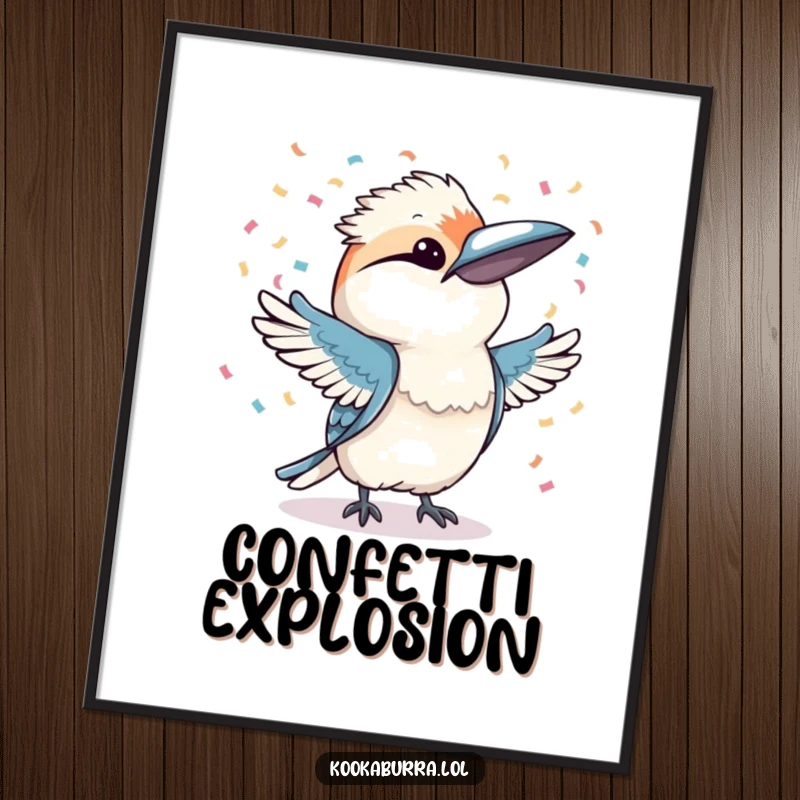 Funny kookaburra joyfully throwing confetti with both wings, rendered as digital art, perfect for instant, festive decor.