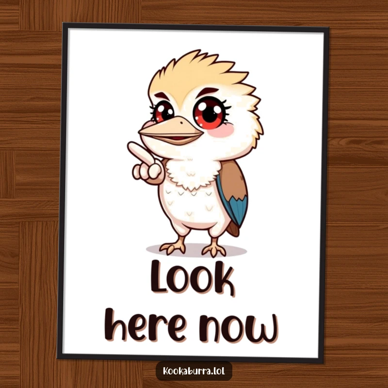 Funny digital art print of a kookaburra with wide eyes, pointing off-screen, perfect for adding curious charm to decor.