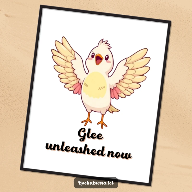 Funny digital art print of a bird stretching its wings wide open, bursting with glee, perfect for adding joyful and uplifting wall decor.