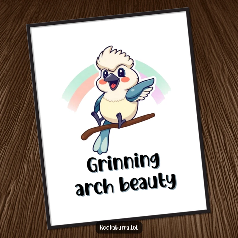 Funny digital art print of a kookaburra sliding down a rainbow with a cheerful grin, perfect for instant decor.