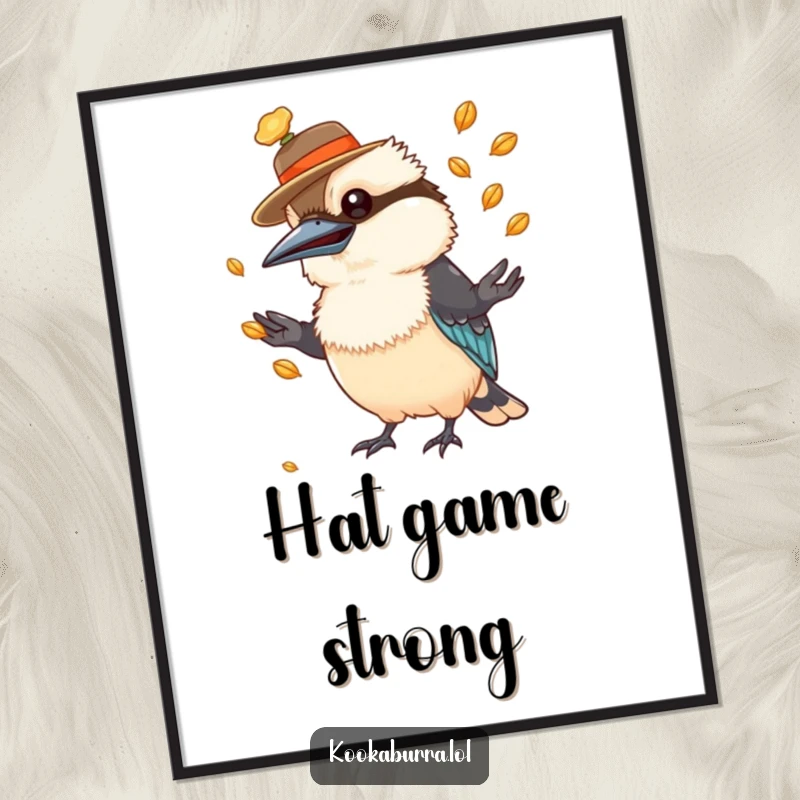 Funny kookaburra digital art print of a bird in a hat juggling seeds, ready to hang and amuse.