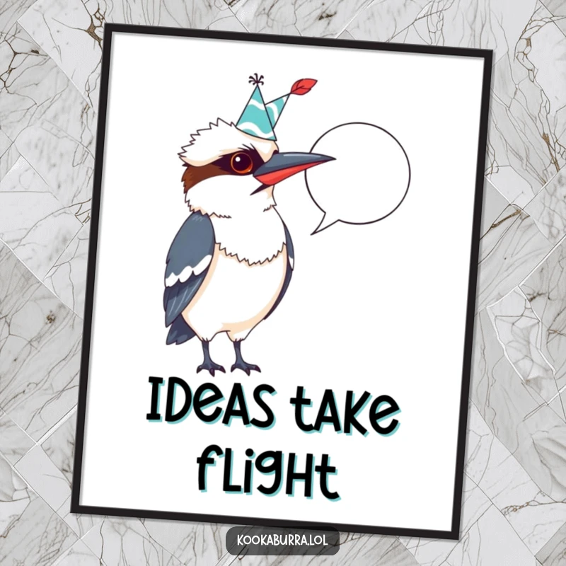 Funny Kookaburra Digital Art: Kookaburra wearing a party hat, dramatically pointing a quill at a blank speech bubble, ready for witty captions.